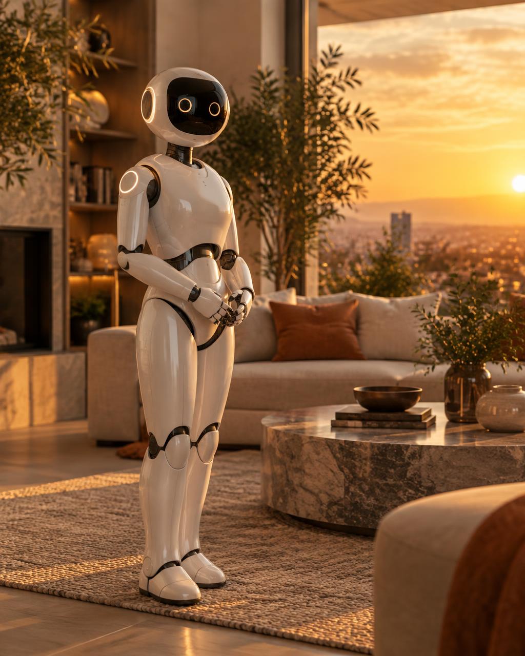 Elegant white humanoid robot standing in a warm living room at sunset